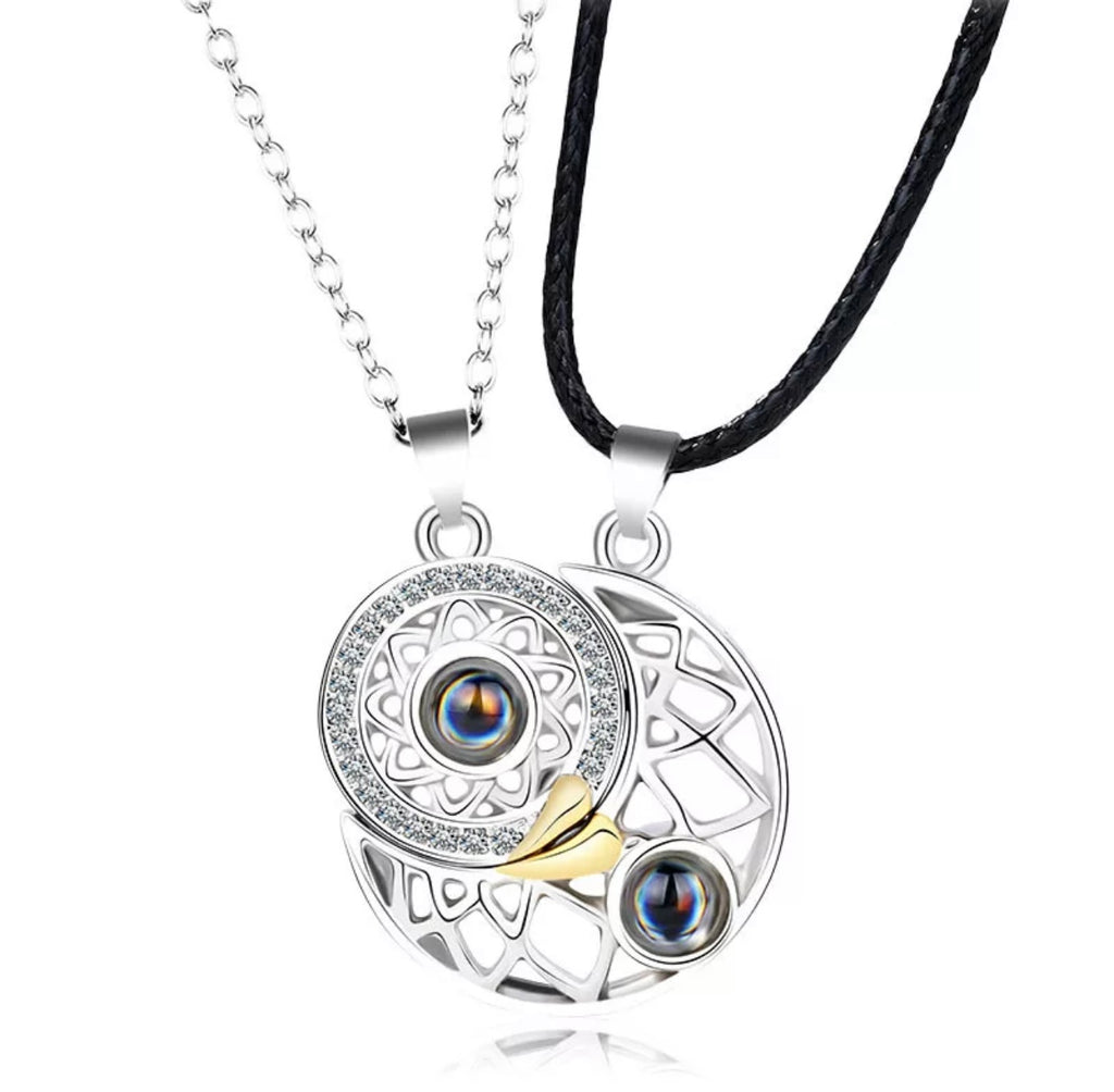 Beautiful Sun & Moon I❤️Love You in 100 languages Projection Necklace for couple or Mother-daughter