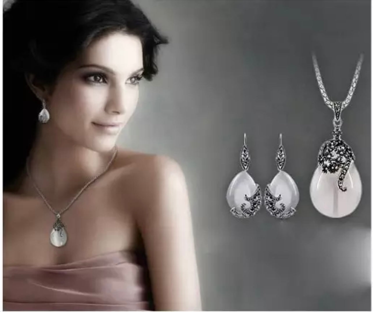 Beautiful Vintage Water drop pendant Silver Necklace Earring set