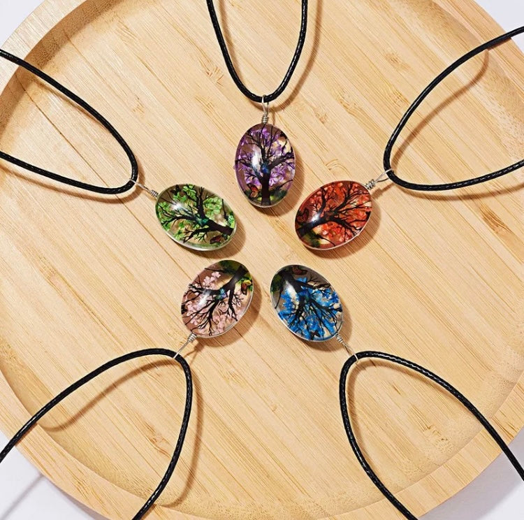 Beautiful glass tree butterfly dried flowers pendant necklace (3colors available)