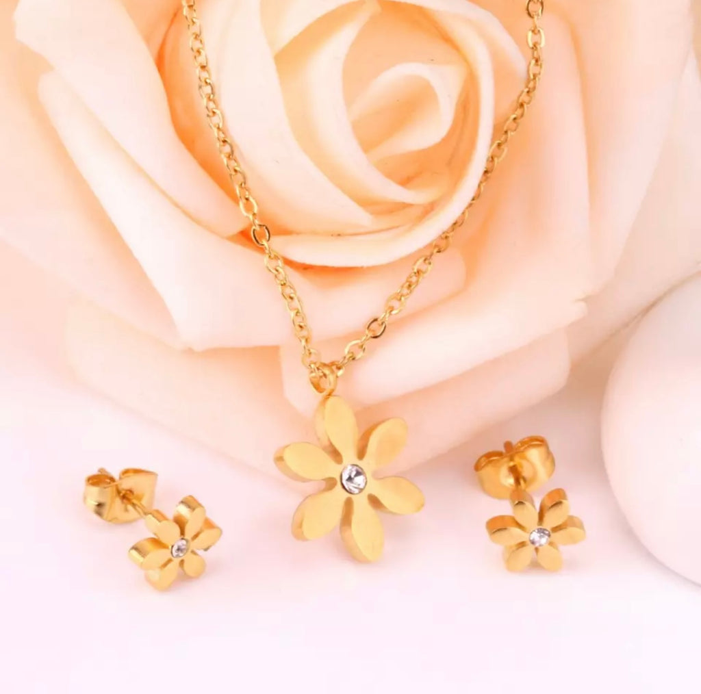 Stainless steel Flower Necklace And Earring set for Woman available in Silver And Gold color