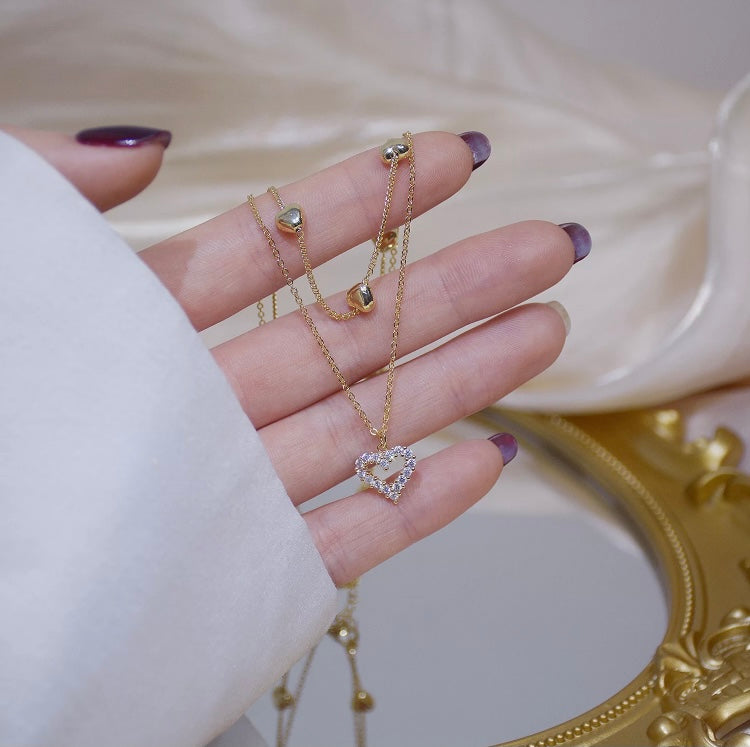 14k gold plated double Layer Cubic Heart Clavicle Chain Heart Pendant
