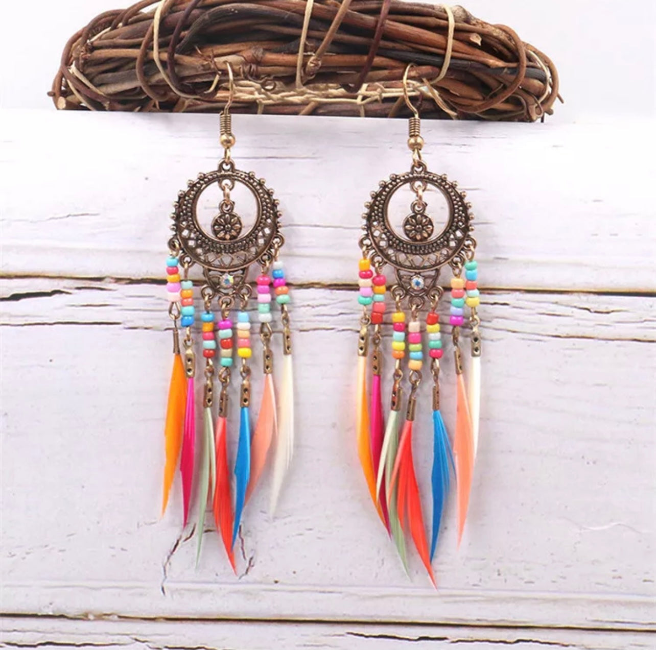 Vintage Ethnic Boho Rainbow color dangle Tassel Earring for Woman