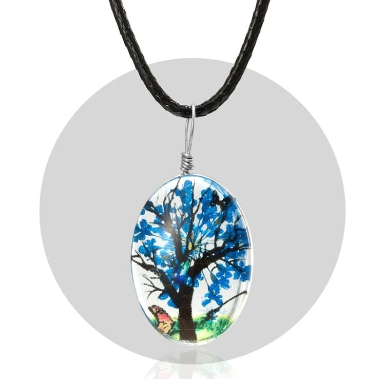 Beautiful glass tree butterfly dried flowers pendant necklace (3colors available)