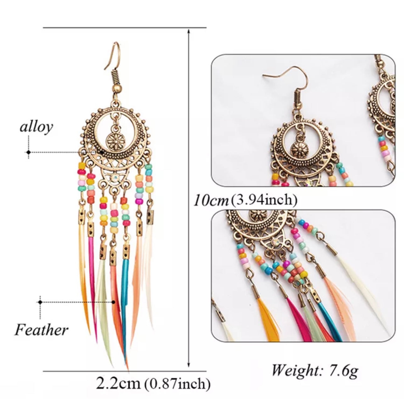 Vintage Ethnic Boho Rainbow color dangle Tassel Earring for Woman